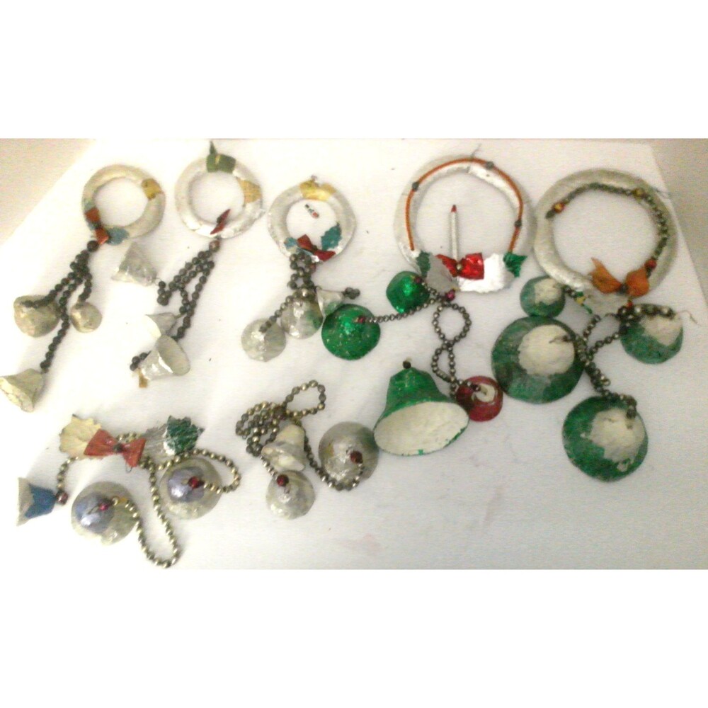 7 Christmas Vintage Silver Foil Wreaths Mercury Beads Paper Mache Bells Japan